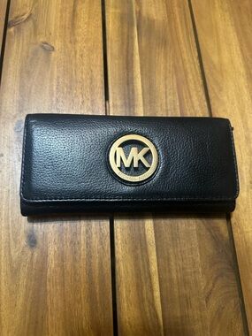Michael Kors Black Leather Continental Wallet with Gold MK Emblem